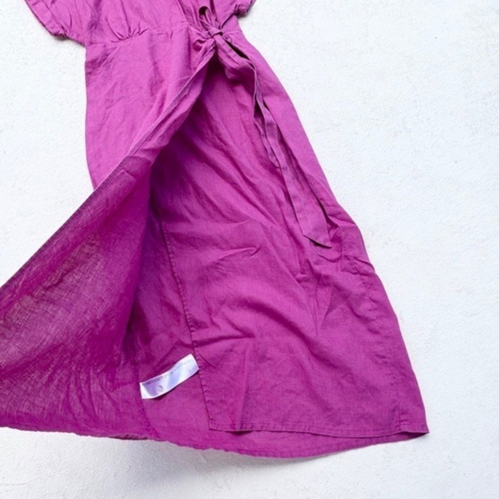 Mango Magenta Purple 100% Linen Wrap Midi Dress Size S V-Neck Side Tie - Picture 3 of 11